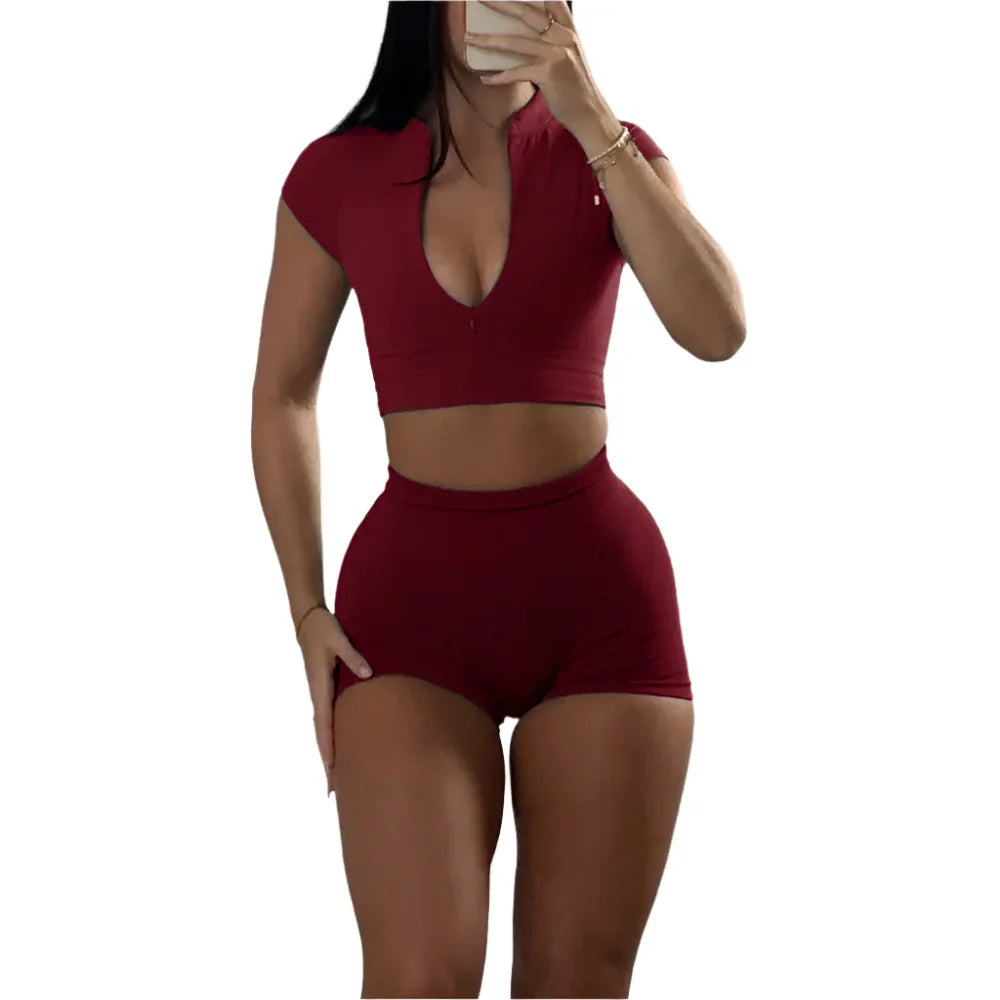Sports Zipper Short-Sleeved Top And Shorts Two-Piece Gym Workout Outfit Clothing Set Suit For Women