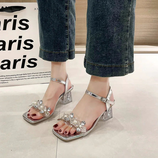 Chunky Heel Rhinestone One-Strap Outdoor High Heels Sandals
