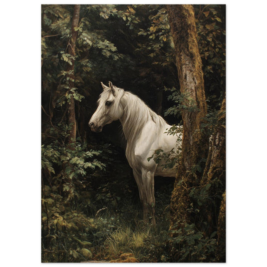 Quiet Presence – White Horse in Forest Art Poster