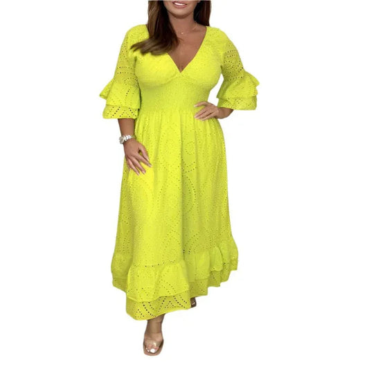 High Waisted Embroidered Solid V-Neck Dress