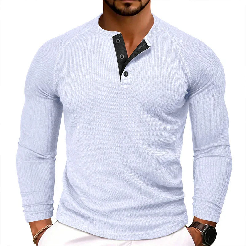 Men's Round Neck Waffle Casual Buttoned Long Sleeve T-Shirt