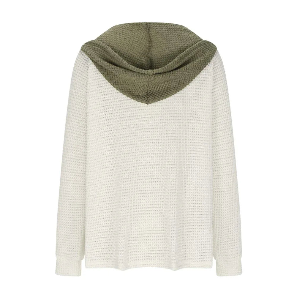 Women's Solid Color Waffle Fabric Hooded Loose Fit Sweater Long Sleeve Sweatershirt
