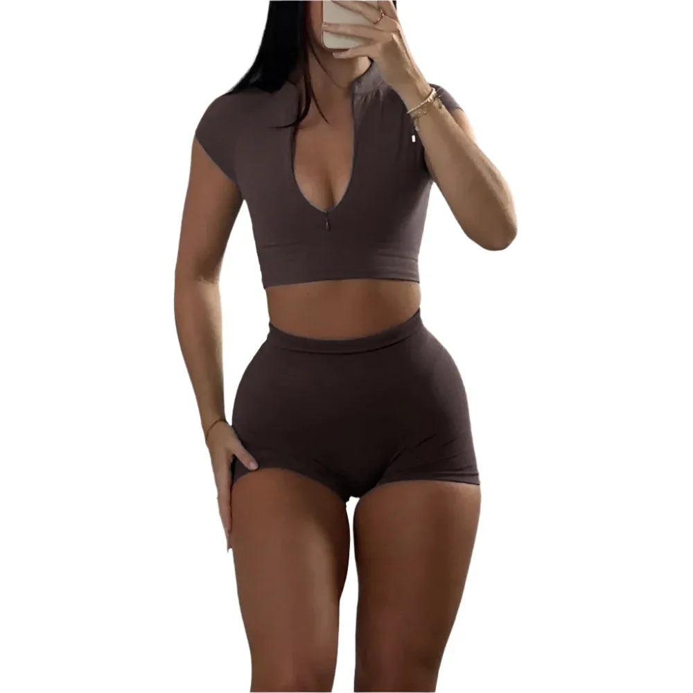 Sports Zipper Short-Sleeved Top And Shorts Two-Piece Gym Workout Outfit Clothing Set Suit For Women