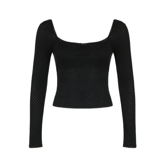 French Pure Desire Square Collar Lace Bow Long Sleeve Top For Women