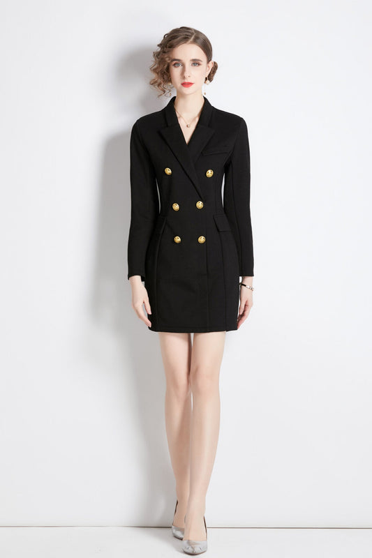 Gold Double Breasted Little Black Blazer Dress-0