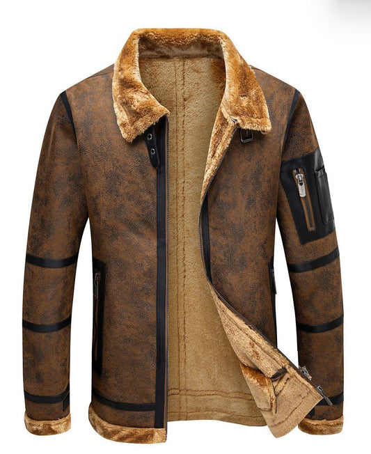 Men's Fleece-Lined Thickened Fur Suede Leather Winter Jacket