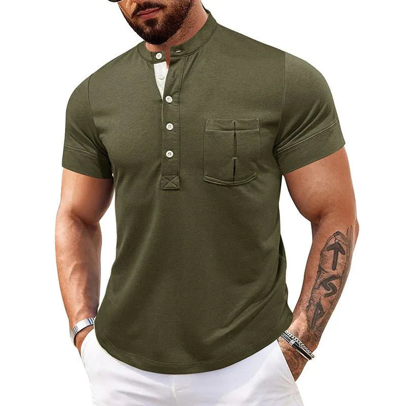 Men's Round Neck Short Sleeve Chest Pocket Polo Shirt